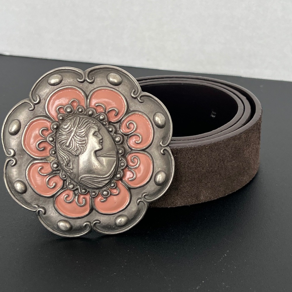 Unbranded Womens Belt Cameo Flower Buckle OS Brown Suede Enamel Western Boho